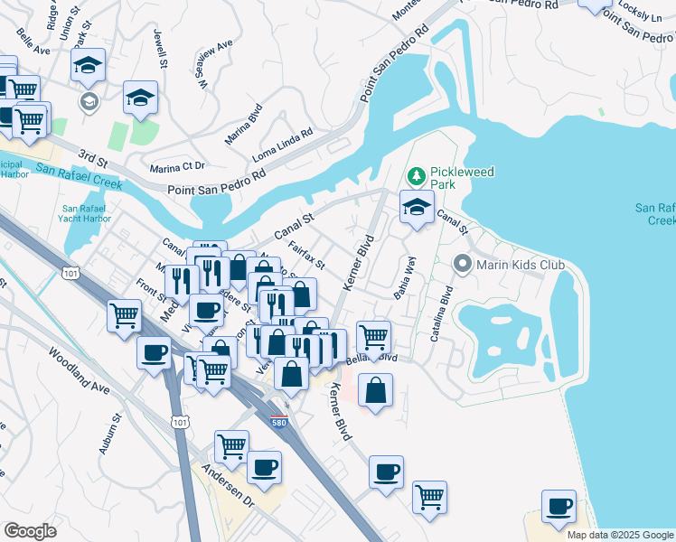 map of restaurants, bars, coffee shops, grocery stores, and more near 26 Fairfax Street in San Rafael