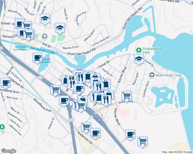 map of restaurants, bars, coffee shops, grocery stores, and more near 169 Novato Street in San Rafael