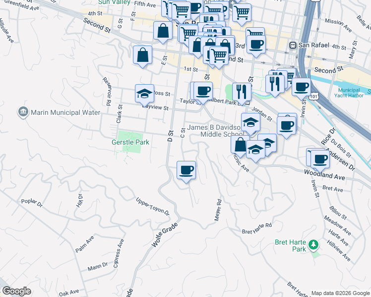 map of restaurants, bars, coffee shops, grocery stores, and more near 238 C Street in San Rafael