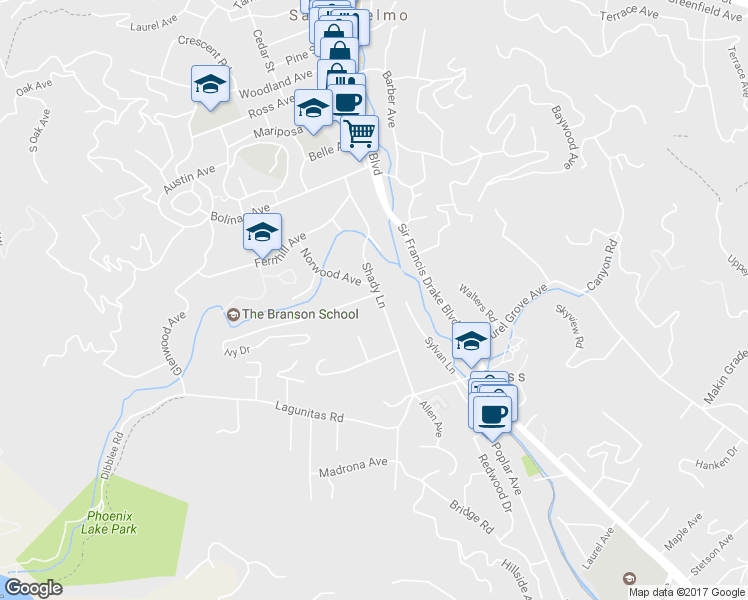 map of restaurants, bars, coffee shops, grocery stores, and more near 45 Shady Lane in Ross