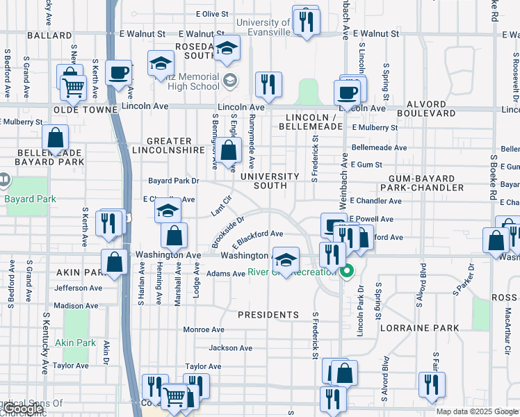 map of restaurants, bars, coffee shops, grocery stores, and more near 1708 Southeast Boulevard in Evansville