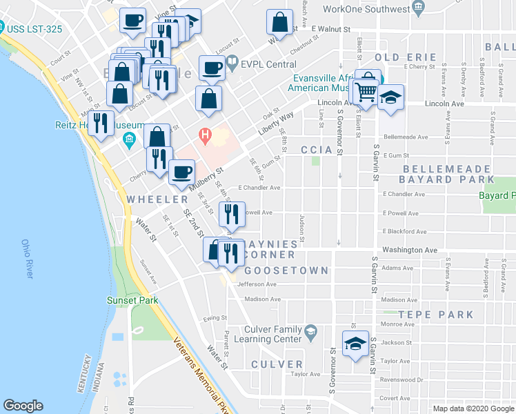 map of restaurants, bars, coffee shops, grocery stores, and more near 36 East Powell Avenue in Evansville