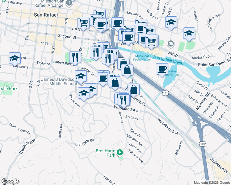 map of restaurants, bars, coffee shops, grocery stores, and more near 516 Irwin Street in San Rafael