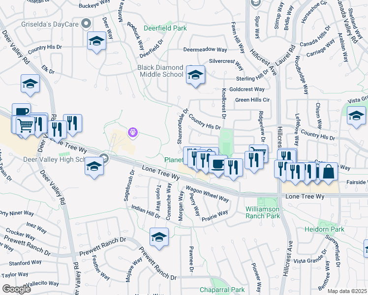 map of restaurants, bars, coffee shops, grocery stores, and more near 4500 Shannondale Drive in Antioch