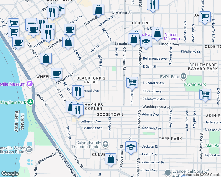 map of restaurants, bars, coffee shops, grocery stores, and more near 824 Judson Street in Evansville