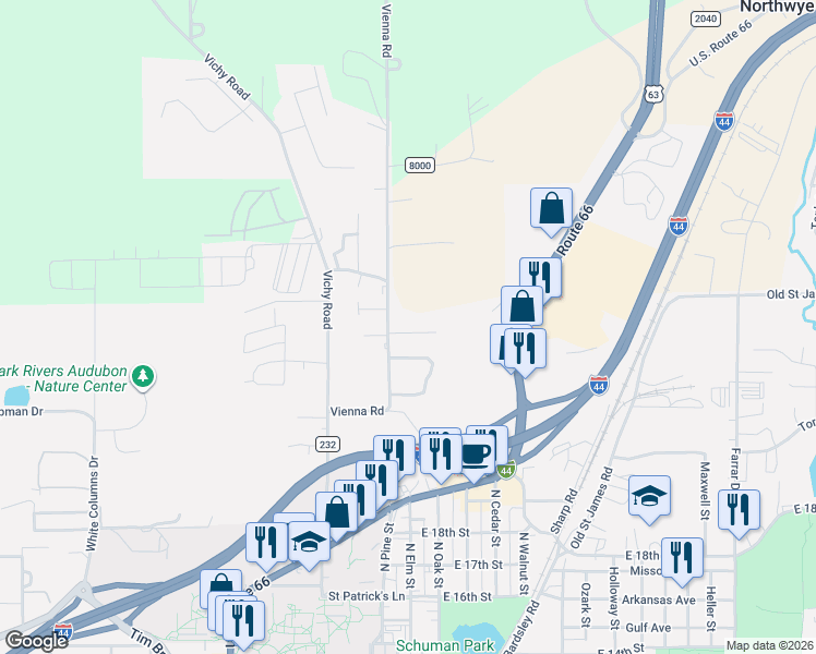 map of restaurants, bars, coffee shops, grocery stores, and more near 105 Savannah Court in Rolla