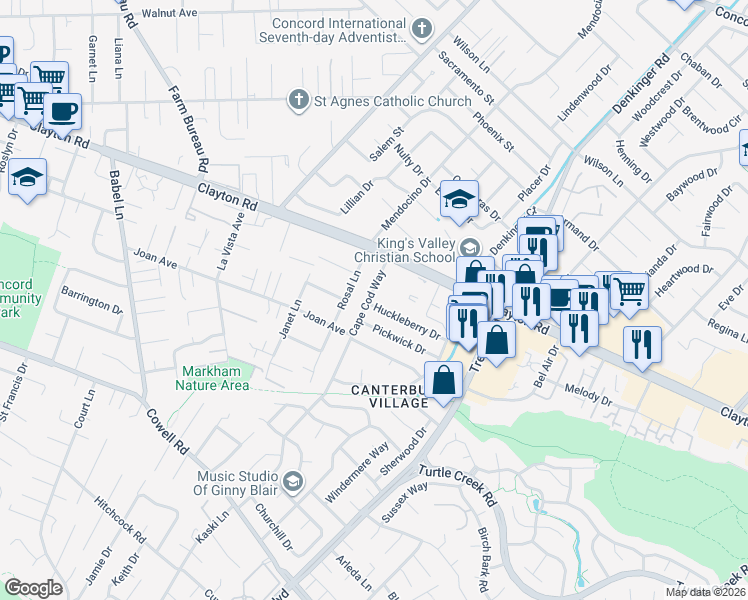 map of restaurants, bars, coffee shops, grocery stores, and more near 1448 Cape Cod Way in Concord