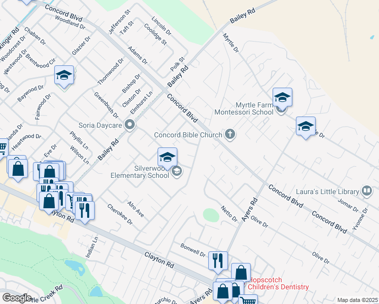 map of restaurants, bars, coffee shops, grocery stores, and more near 4783 Anglewood Court in Concord