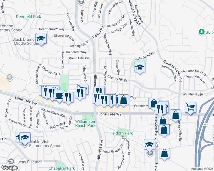 map of restaurants, bars, coffee shops, grocery stores, and more near 4933 Lefebvre Way in Antioch