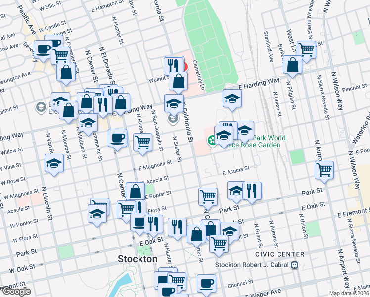 map of restaurants, bars, coffee shops, grocery stores, and more near 420 East Rose Street in Stockton