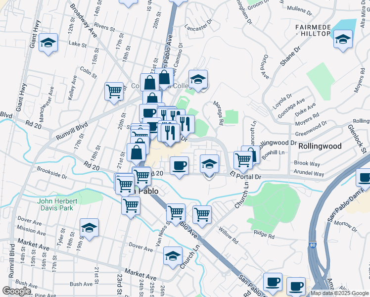 map of restaurants, bars, coffee shops, grocery stores, and more near 409 Presidio Street in San Pablo