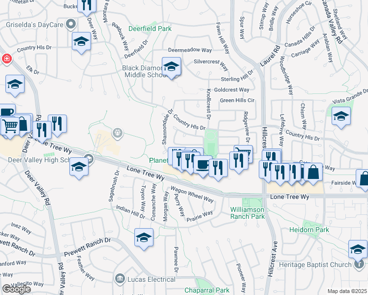 map of restaurants, bars, coffee shops, grocery stores, and more near 4533 Knollpark Circle in Antioch
