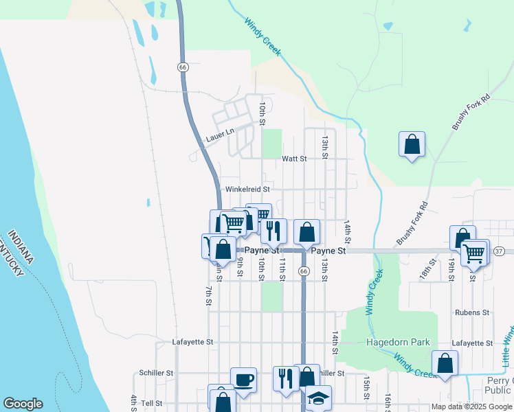 map of restaurants, bars, coffee shops, grocery stores, and more near 1621 10th Street in Tell City