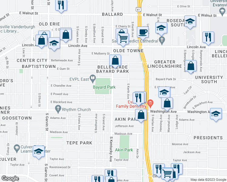 map of restaurants, bars, coffee shops, grocery stores, and more near 860 South Kentucky Avenue in Evansville