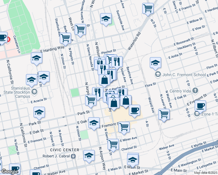 map of restaurants, bars, coffee shops, grocery stores, and more near 922 North Wilson Way in Stockton