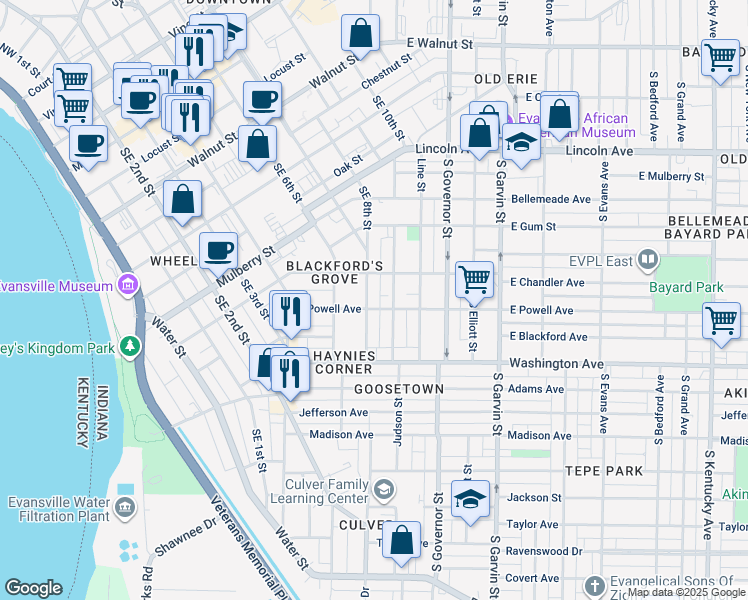 map of restaurants, bars, coffee shops, grocery stores, and more near 826 Southeast 8th Street in Evansville