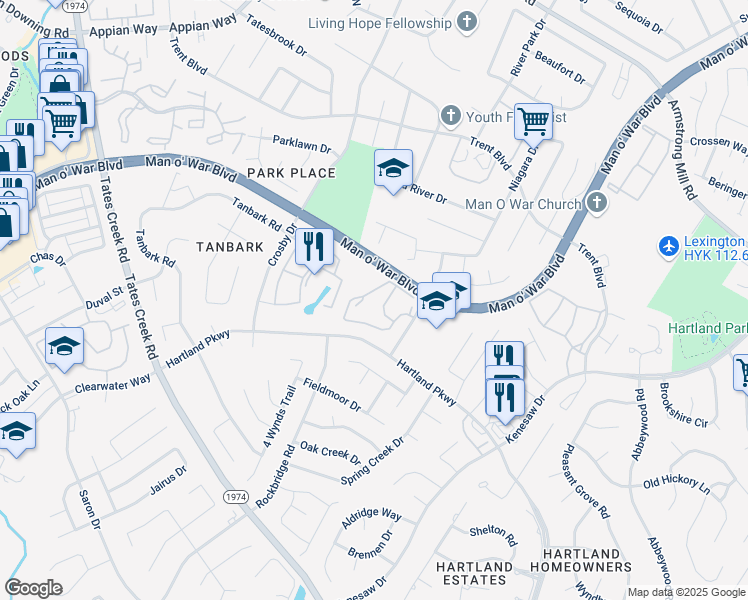 map of restaurants, bars, coffee shops, grocery stores, and more near 3901 Rapid Run Drive in Lexington