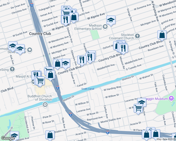 map of restaurants, bars, coffee shops, grocery stores, and more near 2311 Franklin Avenue in Stockton