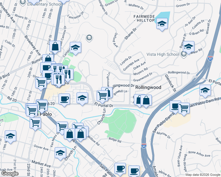 map of restaurants, bars, coffee shops, grocery stores, and more near 2737 Rollingwood Drive in San Pablo