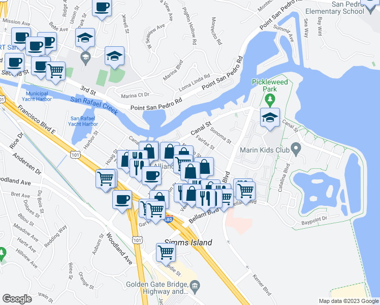map of restaurants, bars, coffee shops, grocery stores, and more near 169 Novato Street in San Rafael