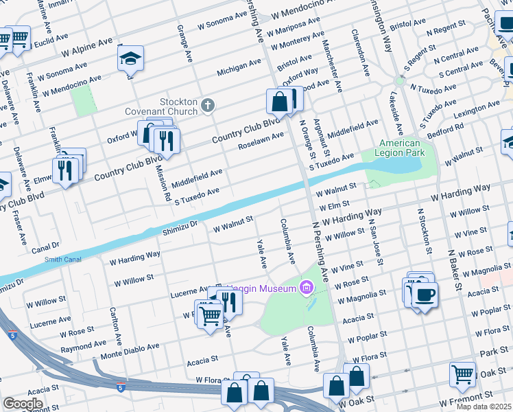 map of restaurants, bars, coffee shops, grocery stores, and more near 1561 West Walnut Street in Stockton