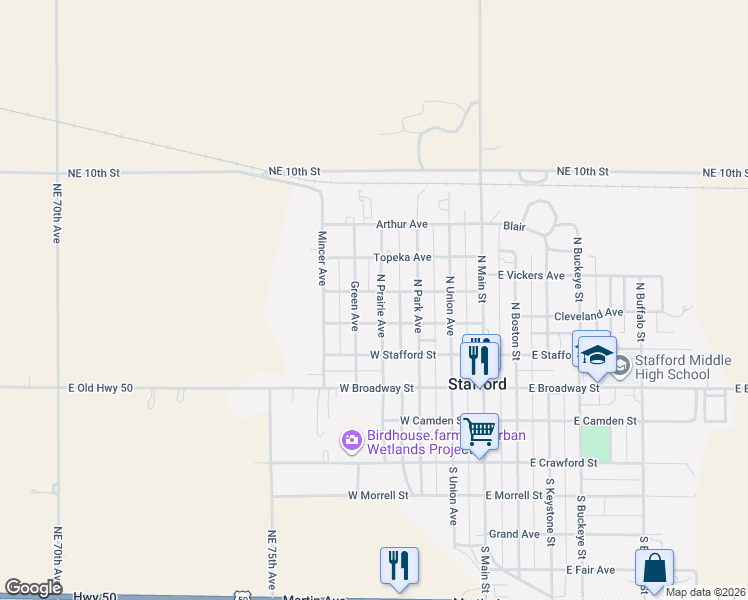 map of restaurants, bars, coffee shops, grocery stores, and more near 300-398 Green Avenue in Stafford