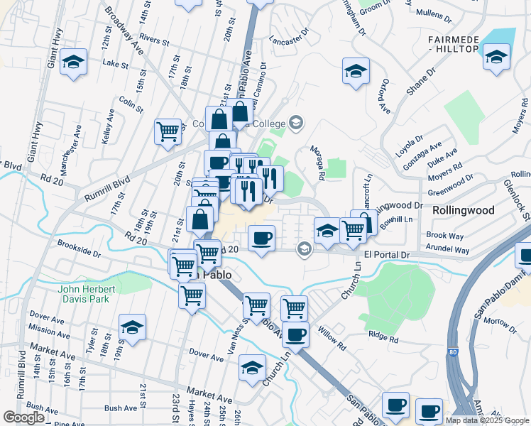 map of restaurants, bars, coffee shops, grocery stores, and more near 415 Presidio Street in San Pablo