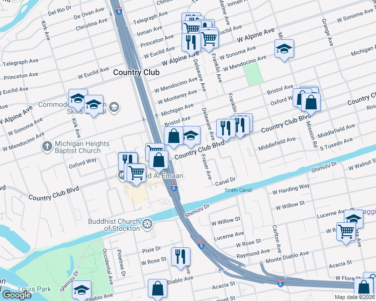 map of restaurants, bars, coffee shops, grocery stores, and more near 2433 Country Club Boulevard in Stockton