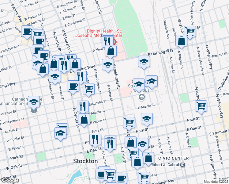map of restaurants, bars, coffee shops, grocery stores, and more near 420 East Rose Street in Stockton
