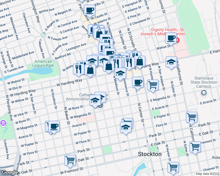 map of restaurants, bars, coffee shops, grocery stores, and more near 1321 North Monroe Street in Stockton