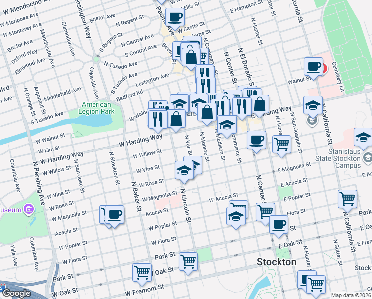 map of restaurants, bars, coffee shops, grocery stores, and more near 420 West Willow Street in Stockton