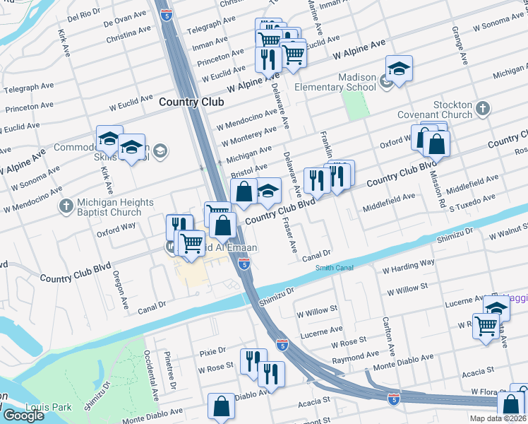 map of restaurants, bars, coffee shops, grocery stores, and more near 2433 Country Club Boulevard in Stockton
