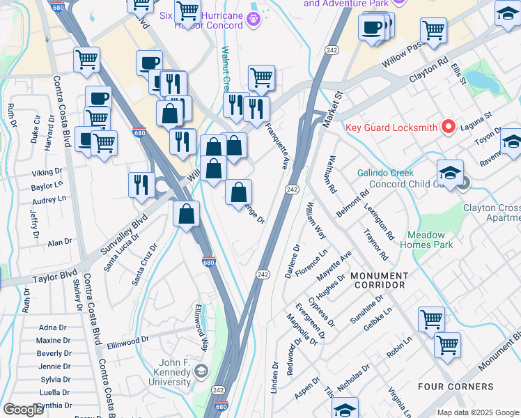 map of restaurants, bars, coffee shops, grocery stores, and more near 1301 Franquette Ave in Concord