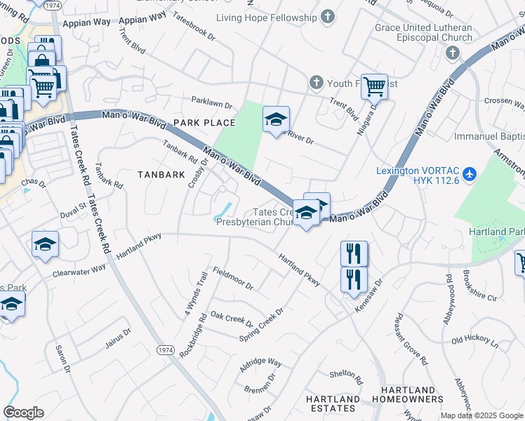 map of restaurants, bars, coffee shops, grocery stores, and more near 3901 Rapid Run Drive in Lexington