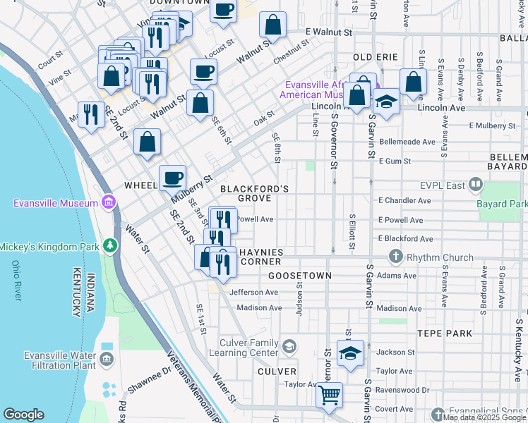 map of restaurants, bars, coffee shops, grocery stores, and more near 36 East Powell Avenue in Evansville