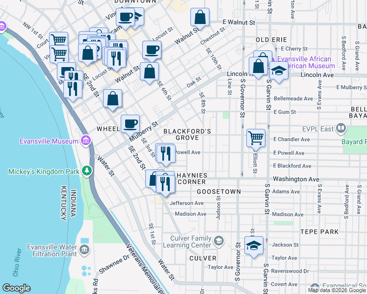 map of restaurants, bars, coffee shops, grocery stores, and more near 36 East Powell Avenue in Evansville