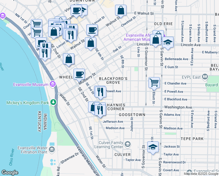 map of restaurants, bars, coffee shops, grocery stores, and more near 36 East Powell Avenue in Evansville