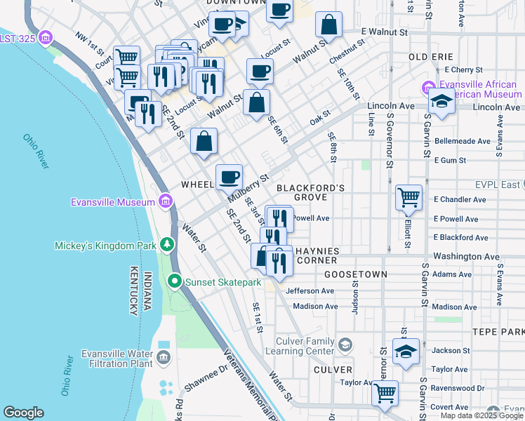 map of restaurants, bars, coffee shops, grocery stores, and more near 704 Southeast 3rd Street in Evansville