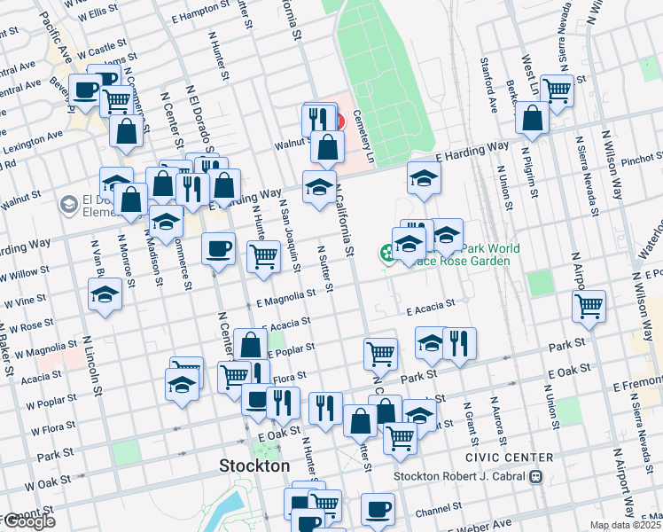 map of restaurants, bars, coffee shops, grocery stores, and more near 420 East Rose Street in Stockton