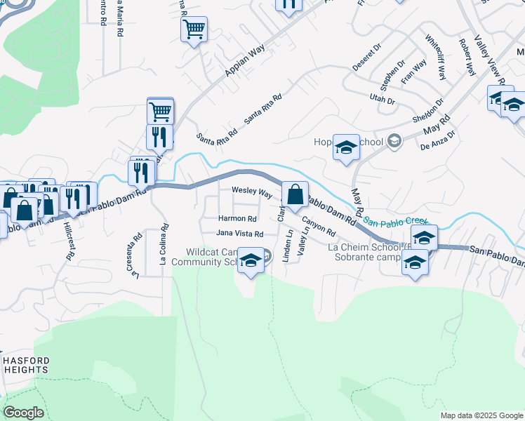 map of restaurants, bars, coffee shops, grocery stores, and more near 3948 Harmon Road in El Sobrante