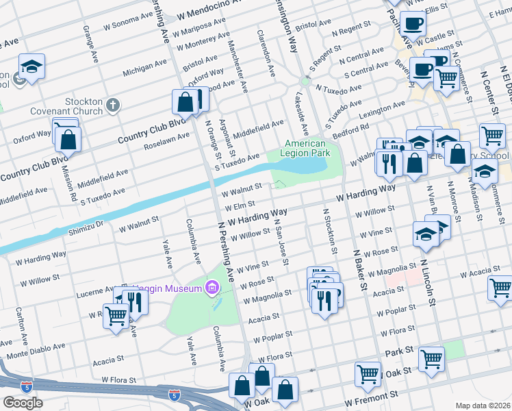 map of restaurants, bars, coffee shops, grocery stores, and more near 1144 West Elm Street in Stockton