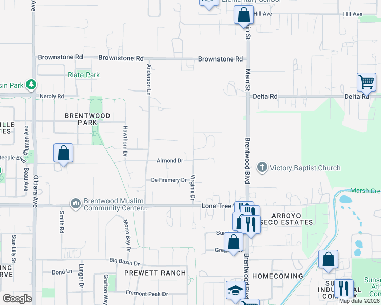map of restaurants, bars, coffee shops, grocery stores, and more near 2741 Virginia Drive in Brentwood
