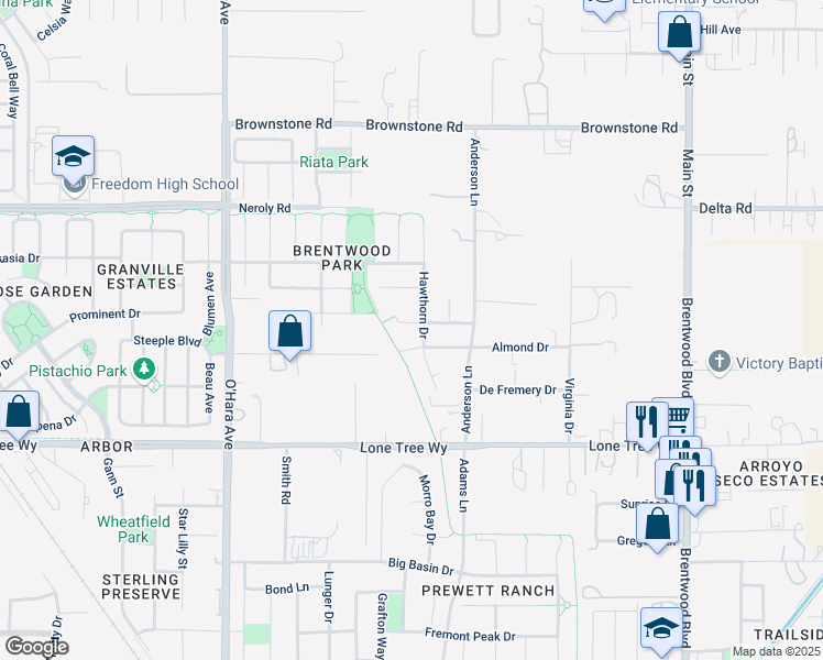 map of restaurants, bars, coffee shops, grocery stores, and more near 692 Ascot Court in Brentwood