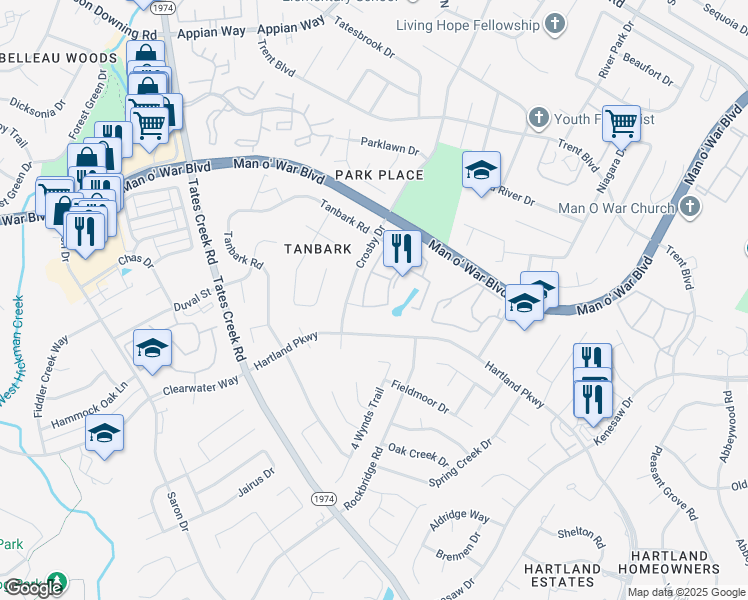 map of restaurants, bars, coffee shops, grocery stores, and more near 3930 Crosby Drive in Lexington