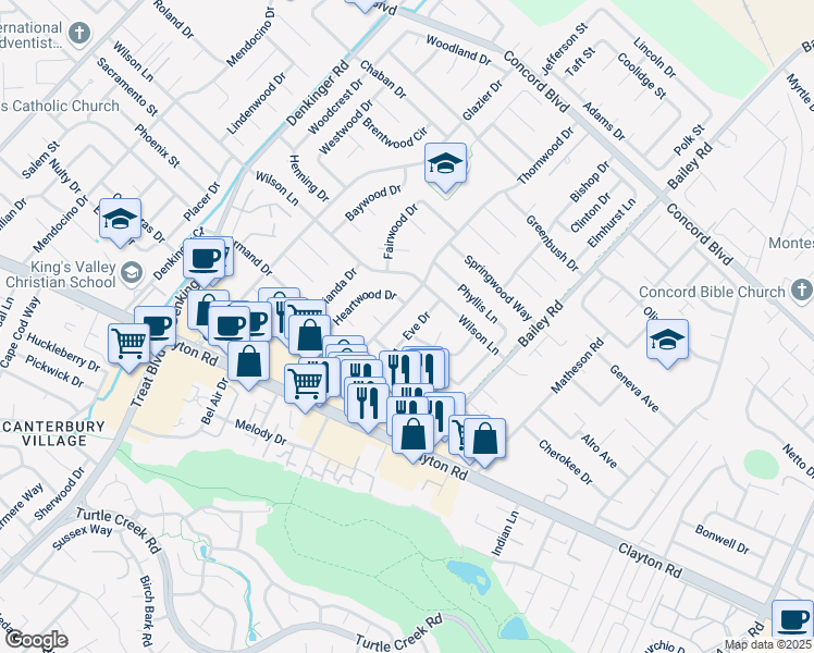map of restaurants, bars, coffee shops, grocery stores, and more near 1591 Eve Drive in Concord