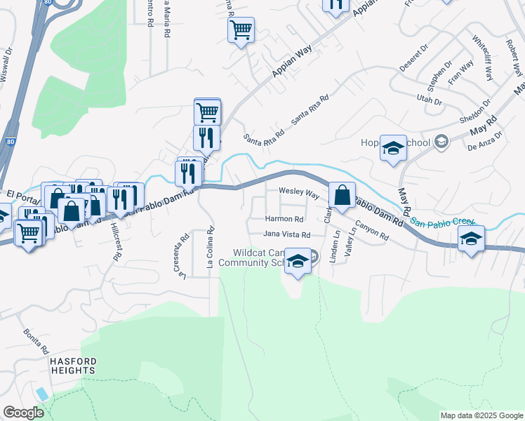 map of restaurants, bars, coffee shops, grocery stores, and more near 3950 Milton Drive in El Sobrante