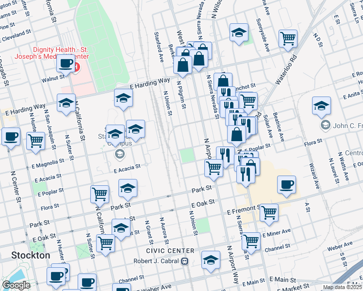 map of restaurants, bars, coffee shops, grocery stores, and more near 1008 North Union Street in Stockton