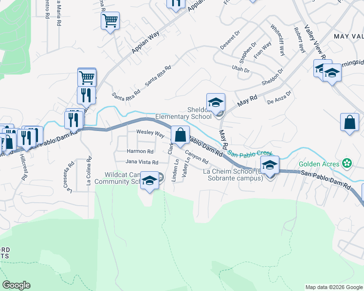 map of restaurants, bars, coffee shops, grocery stores, and more near 4520 Canyon Road in El Sobrante