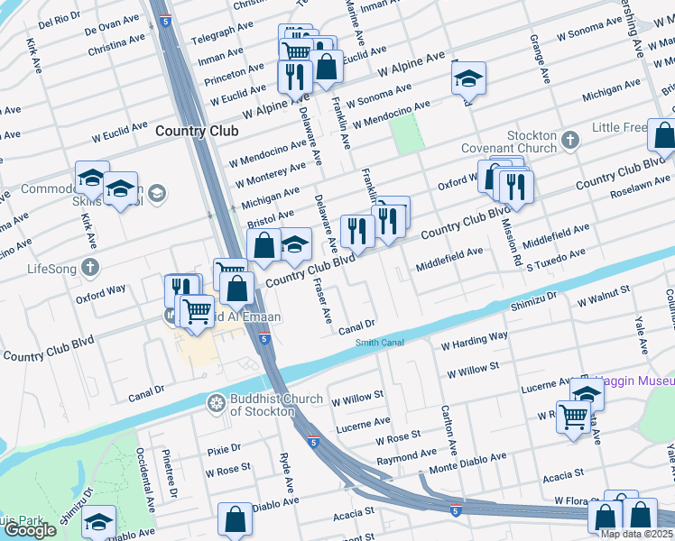 map of restaurants, bars, coffee shops, grocery stores, and more near 2342 Clipper Lane in Stockton