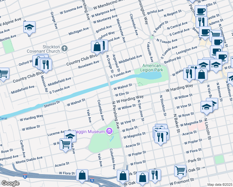 map of restaurants, bars, coffee shops, grocery stores, and more near 1247 West Elm Street in Stockton